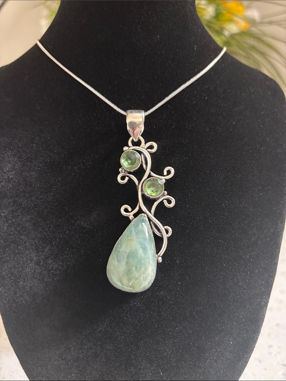 Sterling Silver Green Aquamarine & Peridot Gemstone Teardrop Pendant Necklace